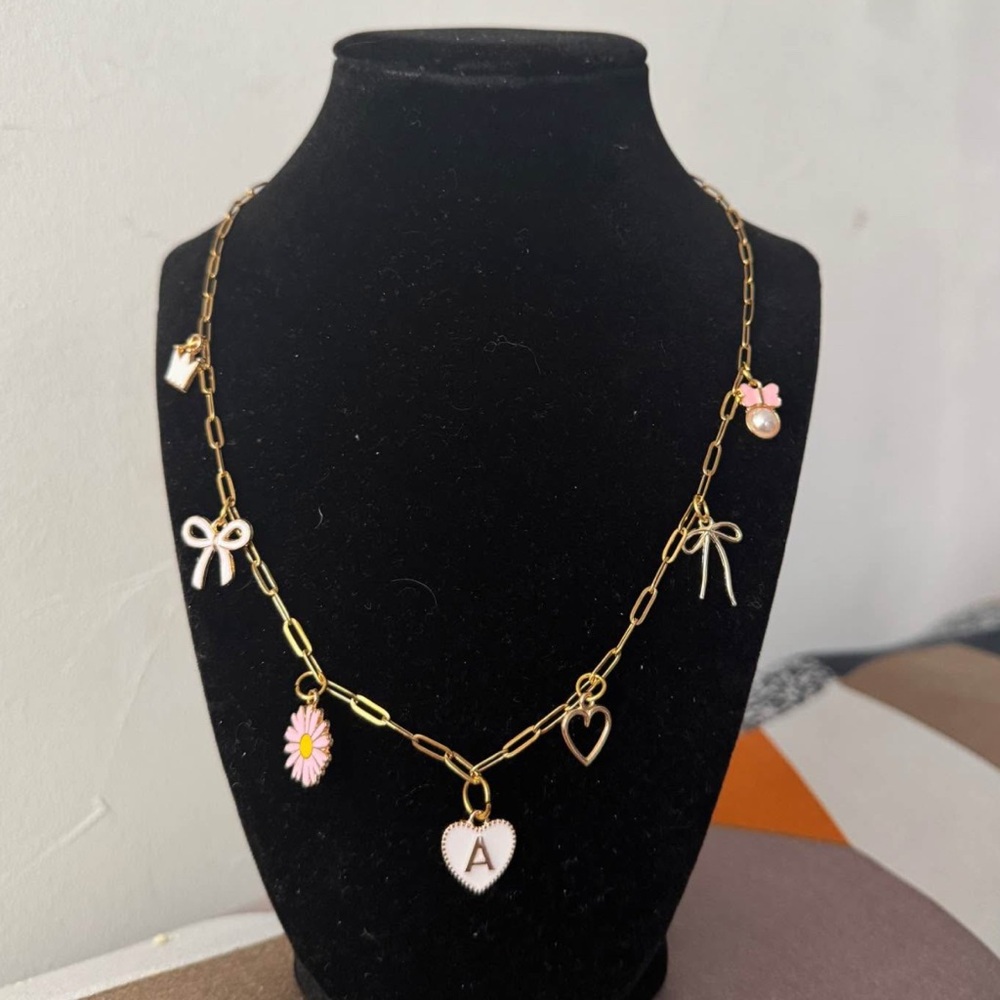 Gold Charm Necklace with Heart and Flower Accents
